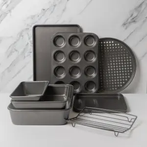 8pc Non-Stick Oven Set with Roasting Pan, 2x Baking Pans, 2x Baking Trays, Loaf Pan, Round Pizza Crisper and Roasting Rack