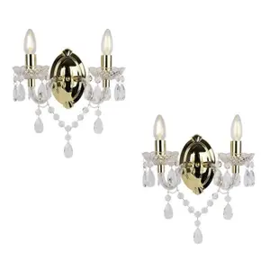 First Choice Lighting Set of 2 Marie Therese 2 Lights Clear & Gold Wall Bracket Chandelier Lights