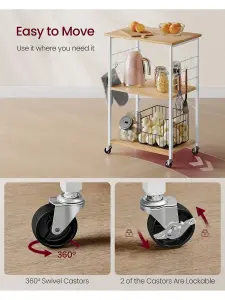 VASAGLE Kitchen Shelf On Wheels, Serving Trolley With 3 Shelves, Microwave Shelf, For Mini Oven, Toaster, With 6 Hooks