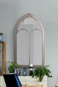 MirrorOutlet The Somerley Extra Large Rustic Metal Chapel Arched Decorative Mirror Stone Colour 150CM X 81CM