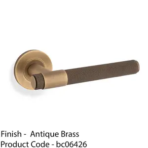 SOLID BRASS Knurled Door Handle Set - Antique Brass Bar Lever On Round Rose