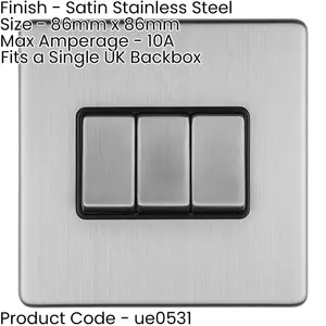 2 PACK 3 Gang Triple Light Switch SCREWLESS SATIN STEEL 2 Way 10A Slim Rocker