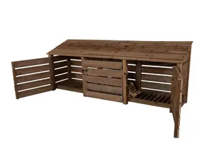 Slatted wooden log store with door W-335cm, H-126cm, D-88cm - brown finish