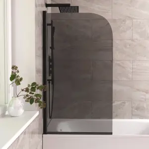 Nes Home Denver 800mm Curved Bath Screen Matt Black Profile Grey Tinted Glass Reversible