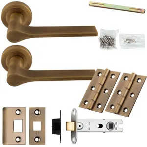 Door Handle & Latch Pack - Antique Brass - Slim Modern Lever On Round Rose