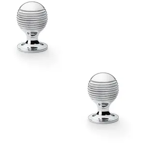 2 PACK - Reeded Ball Door Knob - 25mm Diameter Polished Chrome Lined Cupboard Pull Handle