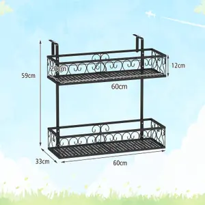 Costway 2 Tier Metal Flower Pot Holder Hanging Railing Flower Rack W/ Adjustable Hooks