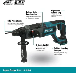 Makita DHR241Z 18V LXT SDS Lithium 3 Mode SDS+ Rotary Hammer Drill + Chuck +Bits