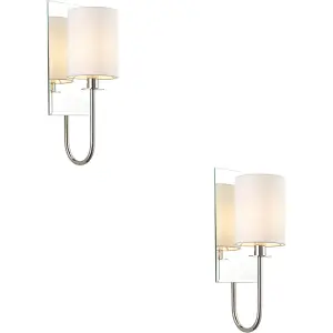 2 PACK Bright Nickel Dimmable Wall Light - Vintage White Shade - Bevelled Edge Mirrored Back Plate