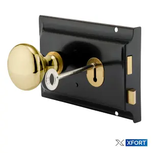 XFORT Premium Range Traditional Black Rim Lock Set with Polished Brass Rim Knob