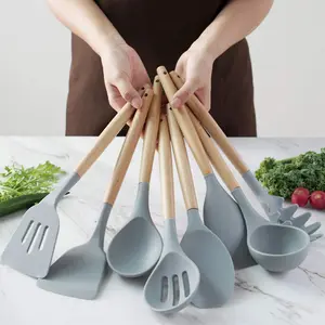 Silicone Kitchen Utensils Set,13 Pcs Wooden Handles Spatula Set,Cooking Utensils For Non Stick Pans,Silicone Spatulas For Cooking Kitchen Gadgets Tools (Grey)