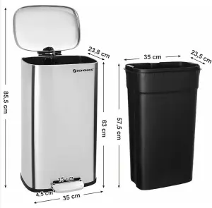 SONGMICS Kitchen Pedal Trash Bin with Hinged Lid and Plastic Inner Bucket, 30 Litre Stainless Steel Rubbish Garbage Can