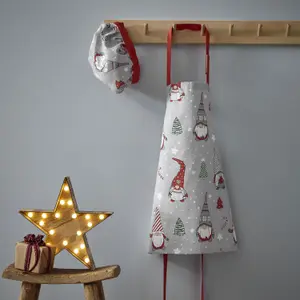 Catherine Lansfield Kitchen Christmas Gnomes Kids 48x55 cm Apron & Hat Set , 20x24 cm Grey Red