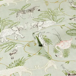 furn. Serengeti Sage Green Animal Printed Wallpaper Sample