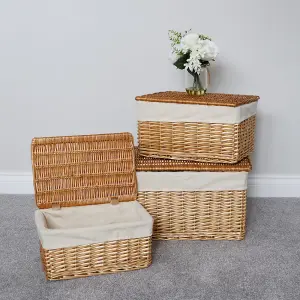 JVL Hand Woven Acacia Set of 3 Rectangular Willow Hampers with Lid, Honey Finish