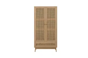 Brown Oak 2 Door Wardrobe Rattan 1 Drawer Mid Century Modern