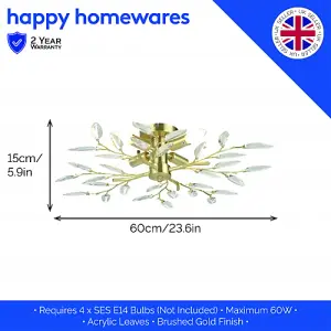 Modern Brushed Gold Plated Branch Ceiling Light Fitting with Acrylic Leaves