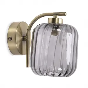 ValueLights Amelie Gold Curved Bar Wall Light with Smoked Ribbed Glass Shade - LED Bulb Included