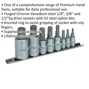 8pc Spline Socket Bit Set - 1/4" 3/8" 1/2" Square Drive - M4 to M16 - S2 Steel