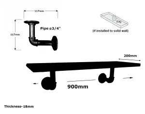 Solid Pine Rustical Shelf Primed Black Industrial Pipe Bracket 20x90cm