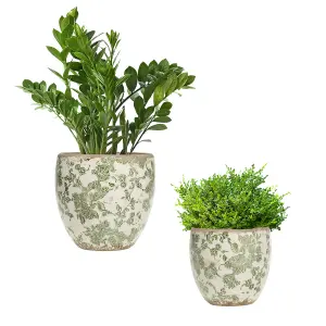 Set of 2 Vintage Style Small & Large Ceramic Botanical Indoor Outdoor Garden Planter Flower Plant Pots