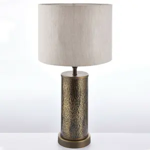 2 PACK Hammered Bronze Table Lamp Aged Metal & Off White Shade Bedside Light