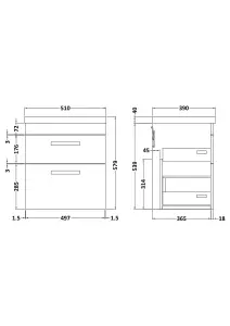 Rio 2 Drawer Wall Hung Vanity Basin Unit - 500mm - Gloss White with Brushed Brass D Handles (Tap Not Included)