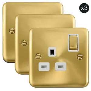 3 PACK - Curved Satin / Brushed Brass 1 Gang 13A DP Ingot Switched Plug Socket - White Trim - SE Home