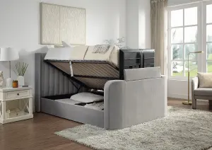 Grey Velvet Ottoman TV Bed With Storage and Pocket Sprung Mattress