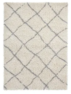 Cream Grey Shaggy Rug, 45mm Thickness Stain-Resistant Geometric Rug, Modern Moroccan Rug for Dining Room-120cm X 170cm