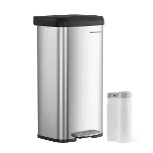 SONGMICS Big Rubbish Bin, Waste Bin, Tall and Large, Metal Waste Pedal Bin with Lid for Kitchen, Silver and Black