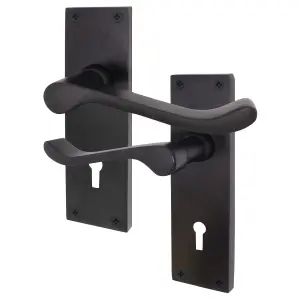 AFIT Black Victorian Scroll Door Handles for Key Lock - 1 Pair of Matt Black Internal Lever Handles on Backplate