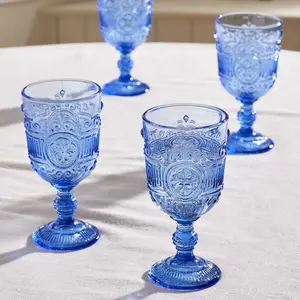 Set of 4 Vintage Luxury Blue Embossed Drinking Wine Glass Wine Goblets 300ml