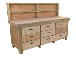 Wooden Eucalyptus hardwood top workbench, tool cabinet with drawers (V.2) (H-90cm, D-70cm, L-240cm) with back