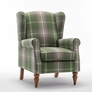 Wingback Tartan Armchair Soft Padded Retro Check Leisure Chair Fabric Lounge for Living Room Bedroom - Green