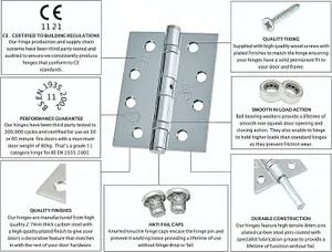 EAI - 4" Door Hinges & Screws G11 FD30/60 - 102x76x2.7mm Square - Polished Chrome Pack of 2 Pairs