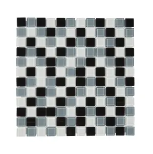 Tarente Black, grey & white Gloss Glass effect Glass Mosaic tile, (L)300mm (W)300mm