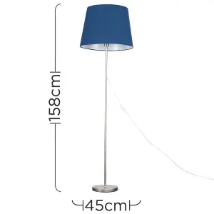 ValueLights Standard Floor Lamp In Brushed Chrome Metal Finish Withn Extra Large Navy Blue Shade With LED GLS Bulb in Warm White