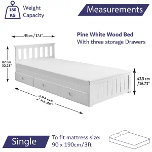 Single Wooden Bed With 3 Storage Drawers Pine White - Pocket Sprung Mattress