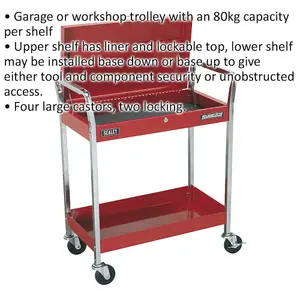 Heavy Duty 2 Level Lockable Workshop Trolley - 80kg Capacity - Red