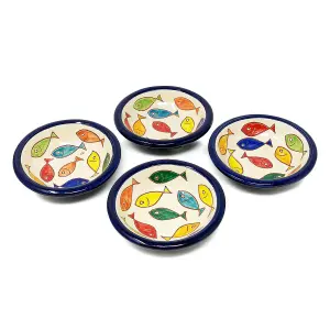 Signature Coloured Fish Hand Painted Ceramic Set of 4 Tapas Bowls Blue Rim (Diam) 10cm