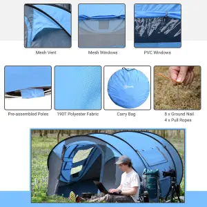 Outsunny Camping Tent Dome Pop-up Tent with Windows for 4-5 Person Sky Blue