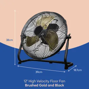 Russell Hobbs Floor & Ground Fan 12 Inch High Velocity Brushed Black and Gold 3 Speed RHGF1221BG