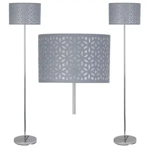 First Choice Lighting Set of 2 Chrome Stick Floor Lamps with Grey Laser Cut Shades