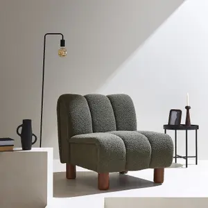 sweeek. Armchair with rounded wooden legs and khaki bouclette fabric