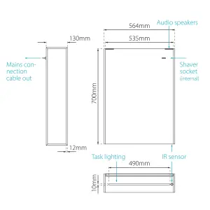 Sensio Ainsley Wall-mounted Illuminated Mirrored Bathroom Cabinet with shaver socket (W)564mm (H)700mm