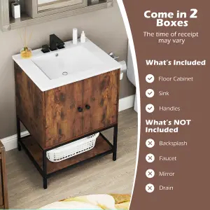 COSTWAY Bathroom Vanity Unit with Basin Rustic Floor Basin Cupboard Ceramic Sink