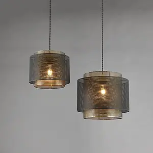 Luminosa Plexus 1 Light Cylindrical Pendant Matt Black Paint, Antique Brass Mesh , E27