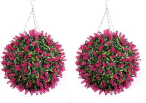 Pair of Best Artificial 38cm Pink Lush Lavender Hanging Basket Flower Topiary Ball - Weather & Fade Resistant