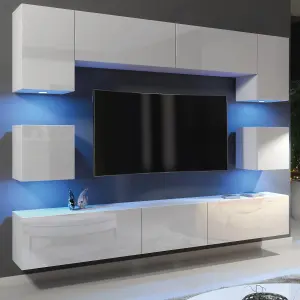 Panorama Wall TV Unit White with High Gloss Doors and LED Lighting - Creative Furniture